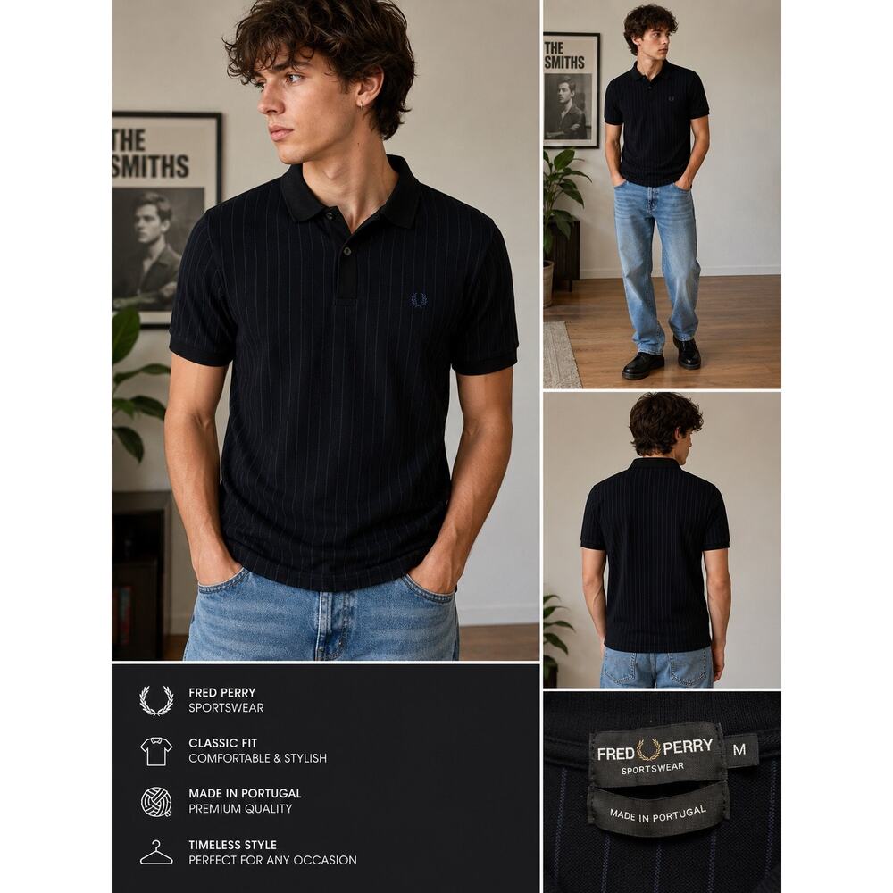 Fred Perry Polo Shirt Mens Medium Black Blue Pinstripe Portugal Cotton Mod